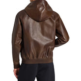 Street Wear Mens Leather Bomber Jacket | B-way Leather Hooded Jacket